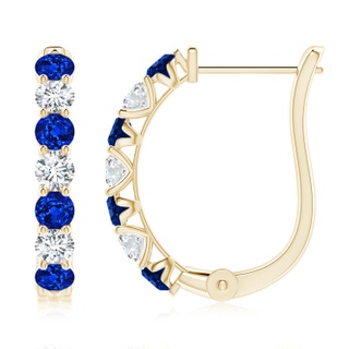 3mm Labgrown Prong-Set Lab-Grown Blue Sapphire and Diamond Huggie Hoop Earrings in Yellow Gold
