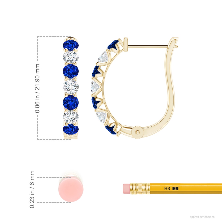 3mm Labgrown Prong-Set Lab-Grown Blue Sapphire and Diamond Huggie Hoop Earrings in Yellow Gold ruler