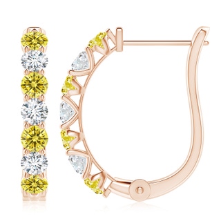 3.4mm Labgrown Lab-Grown Fancy Intense Yellow and White Diamond Huggie Hoop Earrings in 18K Rose Gold