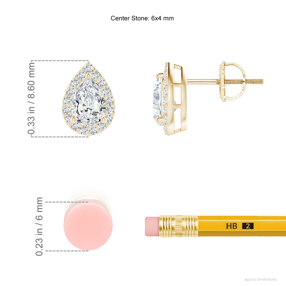 6x4mm FGVS Lab-Grown Pear-Shaped Diamond Halo Stud Earrings in Yellow Gold ruler