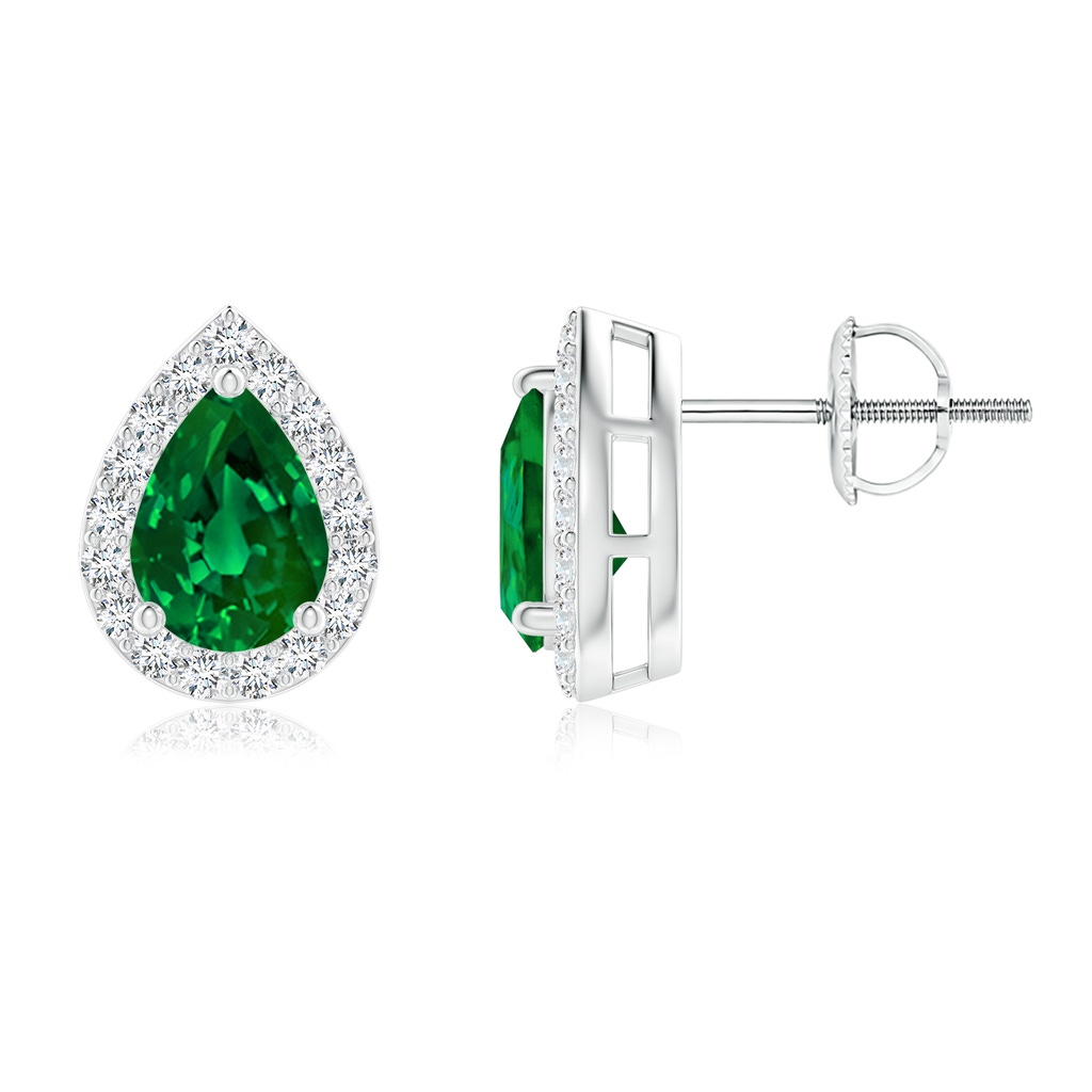 7x5mm Labgrown Lab-Grown Pear-Shaped Emerald Halo Stud Earrings in 18K White Gold