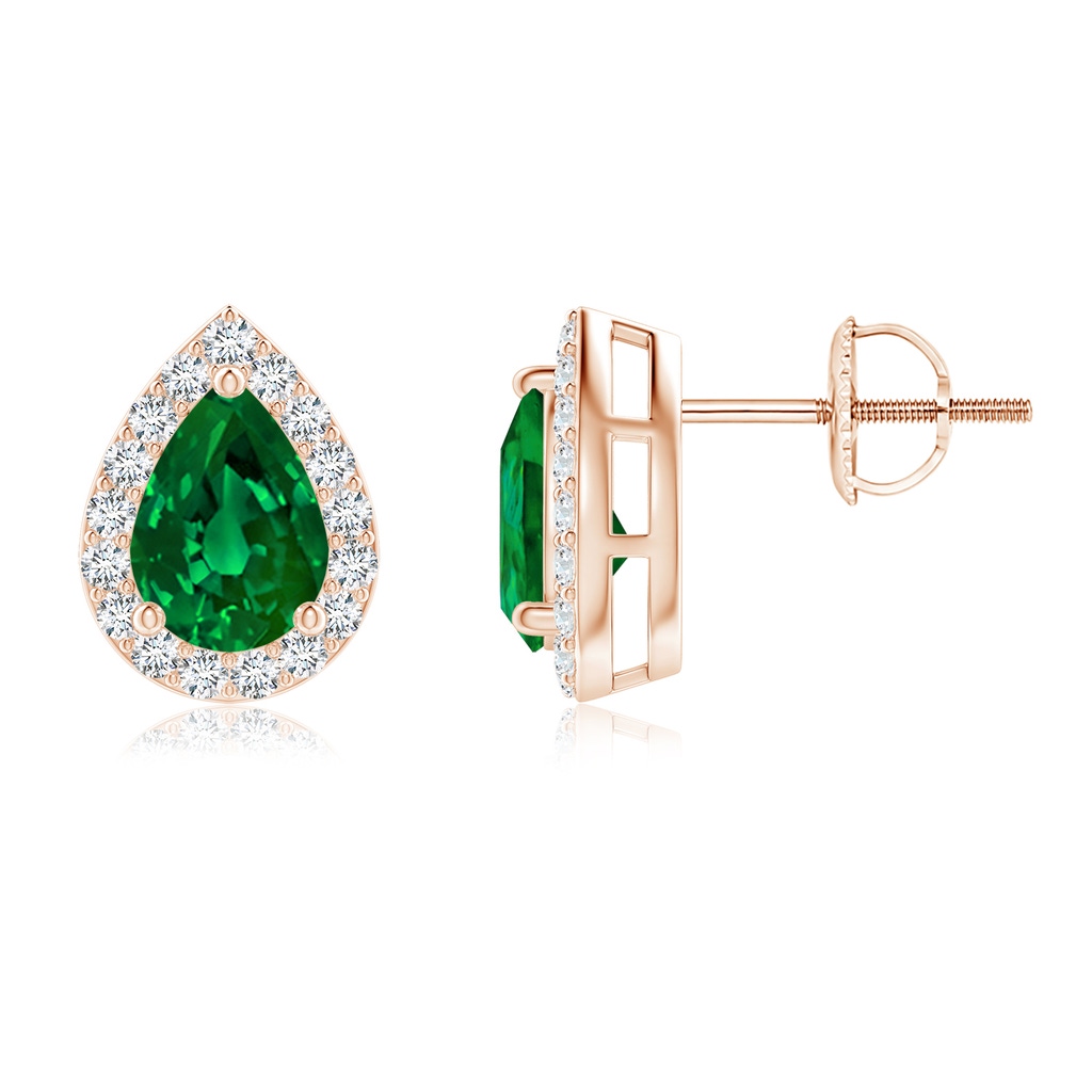 7x5mm Labgrown Lab-Grown Pear-Shaped Emerald Halo Stud Earrings in Rose Gold