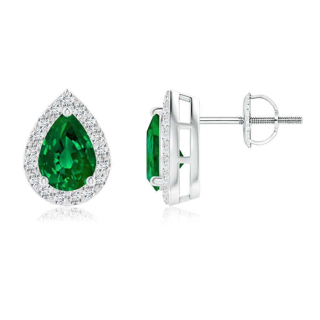 7x5mm Labgrown Lab-Grown Pear-Shaped Emerald Halo Stud Earrings in White Gold