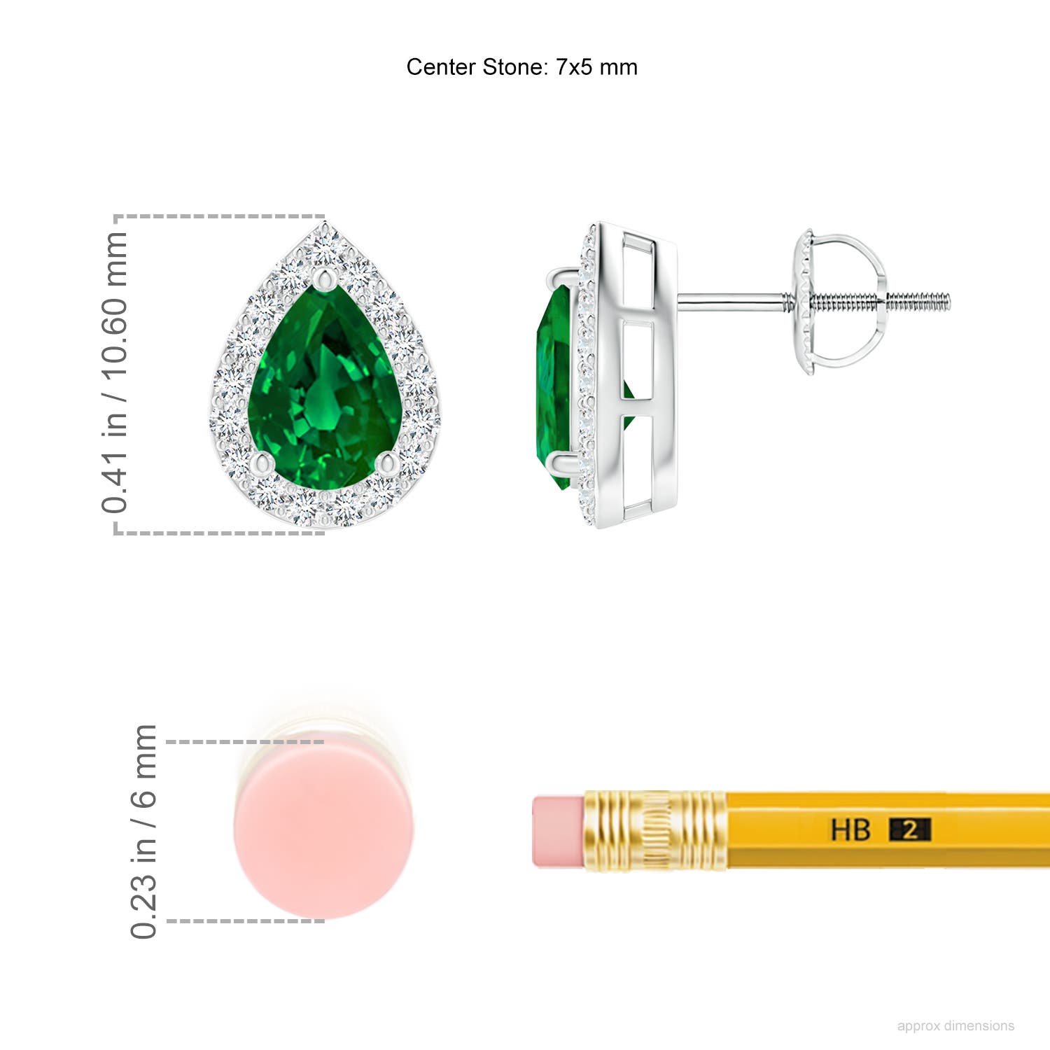 7x5mm Labgrown Lab-Grown Pear-Shaped Emerald Halo Stud Earrings in White Gold - ruler
