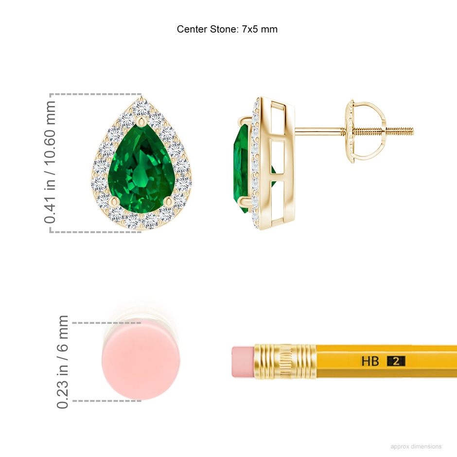 7x5mm Labgrown Lab-Grown Pear-Shaped Emerald Halo Stud Earrings in Yellow Gold ruler
