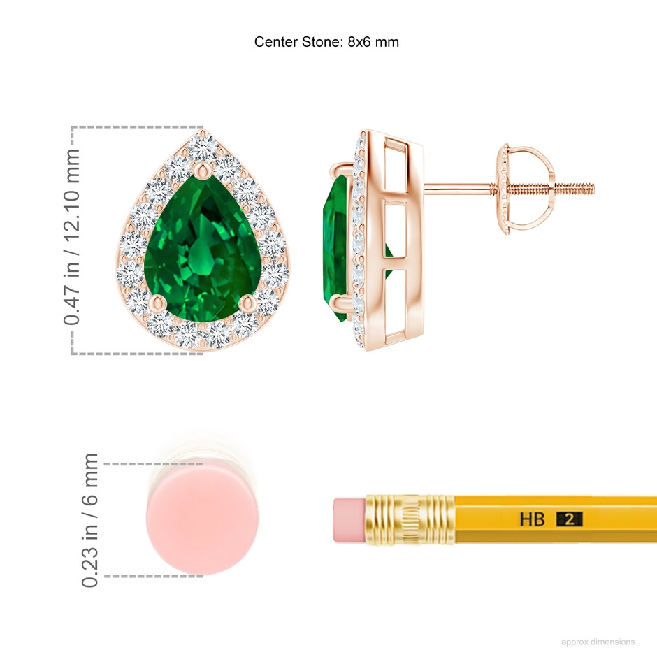 8x6mm Labgrown Lab-Grown Pear-Shaped Emerald Halo Stud Earrings in Rose Gold ruler