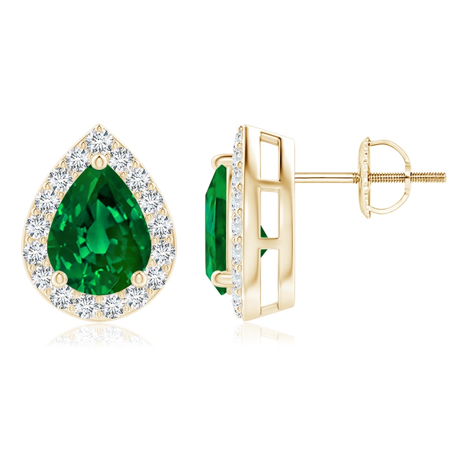 8x6mm Labgrown Lab-Grown Pear-Shaped Emerald Halo Stud Earrings in Yellow Gold 