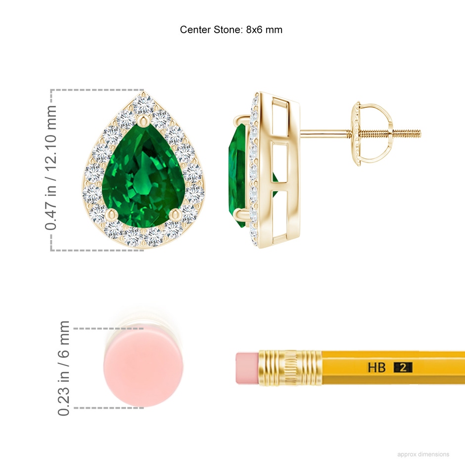 8x6mm Labgrown Lab-Grown Pear-Shaped Emerald Halo Stud Earrings in Yellow Gold ruler