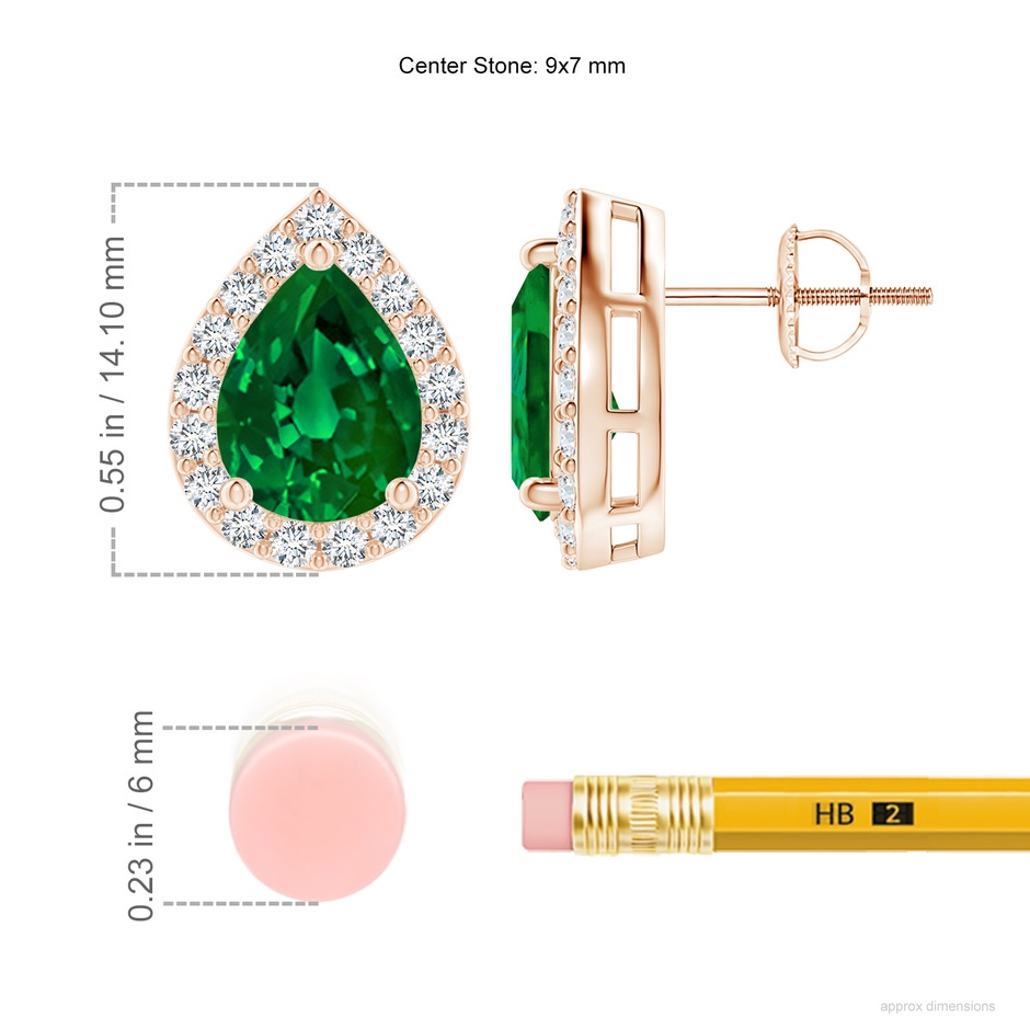 9x7mm Labgrown Lab-Grown Pear-Shaped Emerald Halo Stud Earrings in 18K Rose Gold ruler