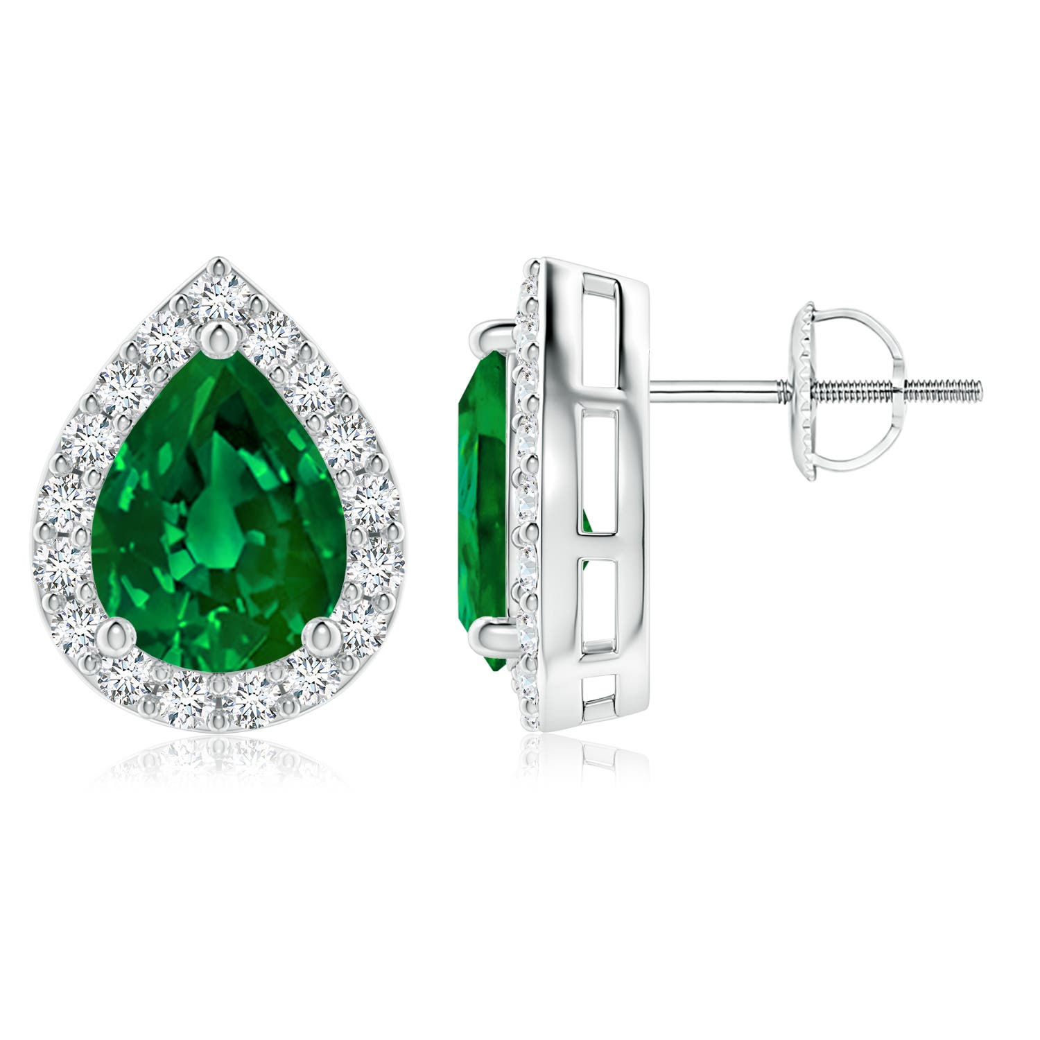 9x7mm Labgrown Lab-Grown Pear-Shaped Emerald Halo Stud Earrings in 18K White Gold