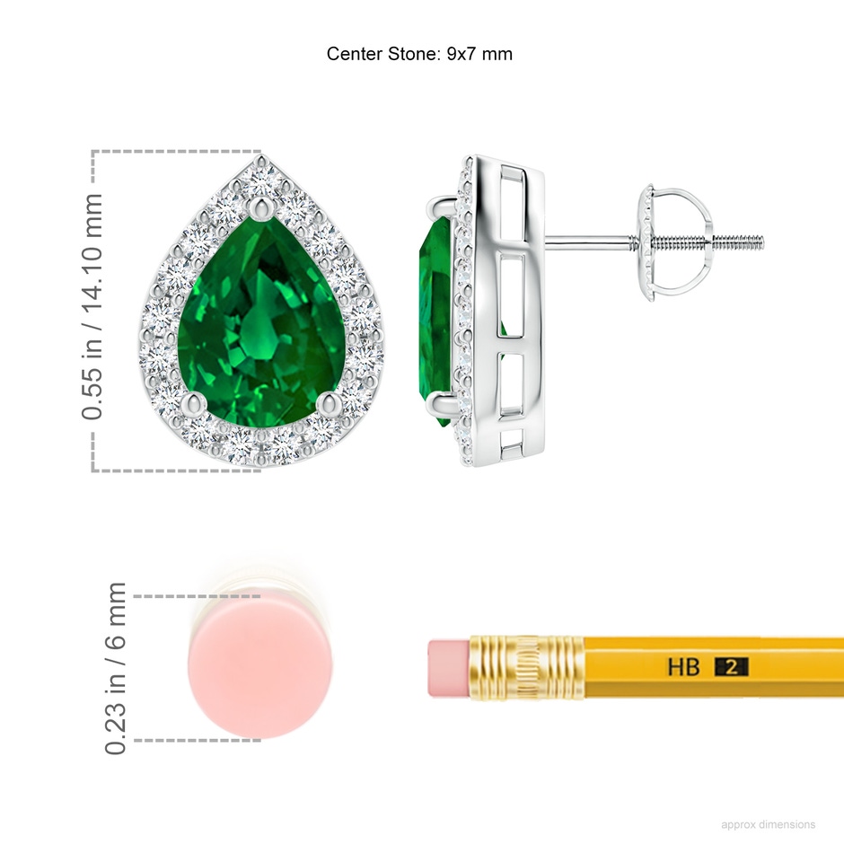 9x7mm Labgrown Lab-Grown Pear-Shaped Emerald Halo Stud Earrings in 18K White Gold ruler