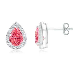 7x5mm Labgrown Pear-Shaped Lab-Grown Fancy Intense Pink Diamond Halo Stud Earrings in White Gold