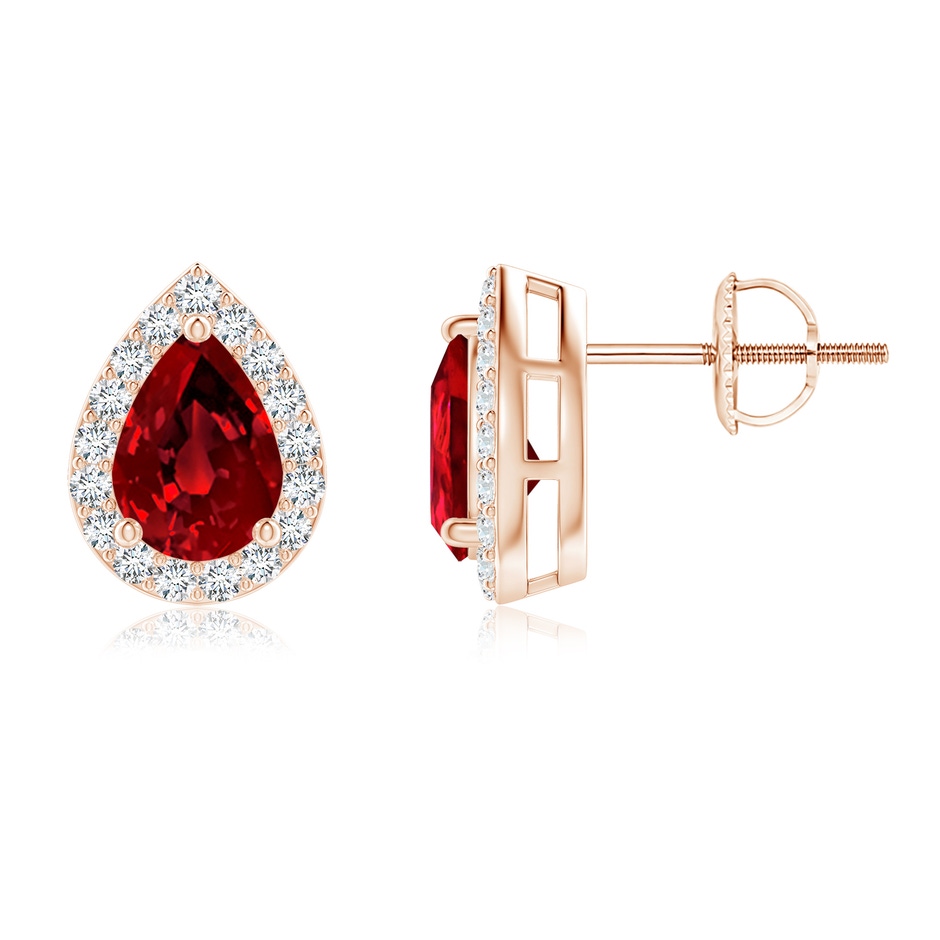 7x5mm Labgrown Lab-Grown Pear-Shaped Ruby Halo Stud Earrings in 18K Rose Gold 