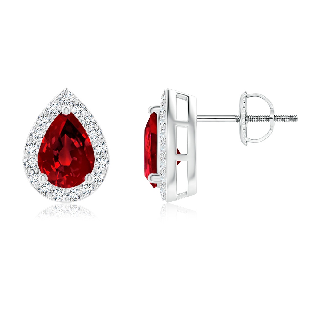 7x5mm Labgrown Lab-Grown Pear-Shaped Ruby Halo Stud Earrings in White Gold