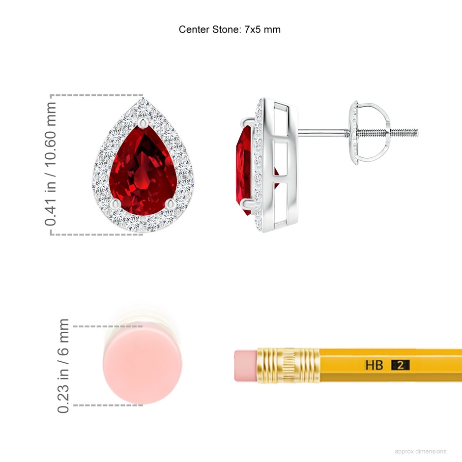 7x5mm Labgrown Lab-Grown Pear-Shaped Ruby Halo Stud Earrings in White Gold ruler