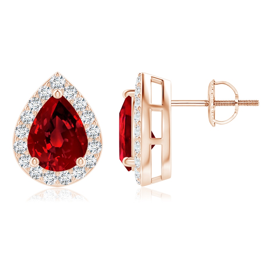 8x6mm Labgrown Lab-Grown Pear-Shaped Ruby Halo Stud Earrings in Rose Gold 