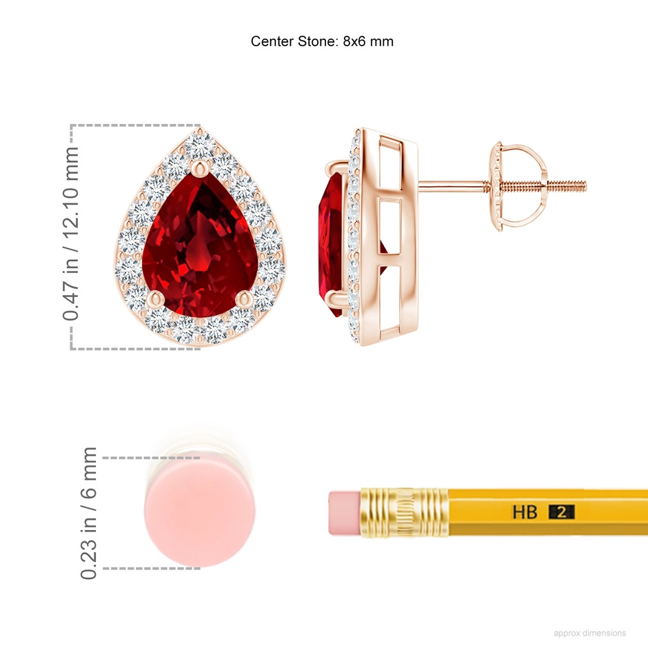 8x6mm Labgrown Lab-Grown Pear-Shaped Ruby Halo Stud Earrings in Rose Gold ruler
