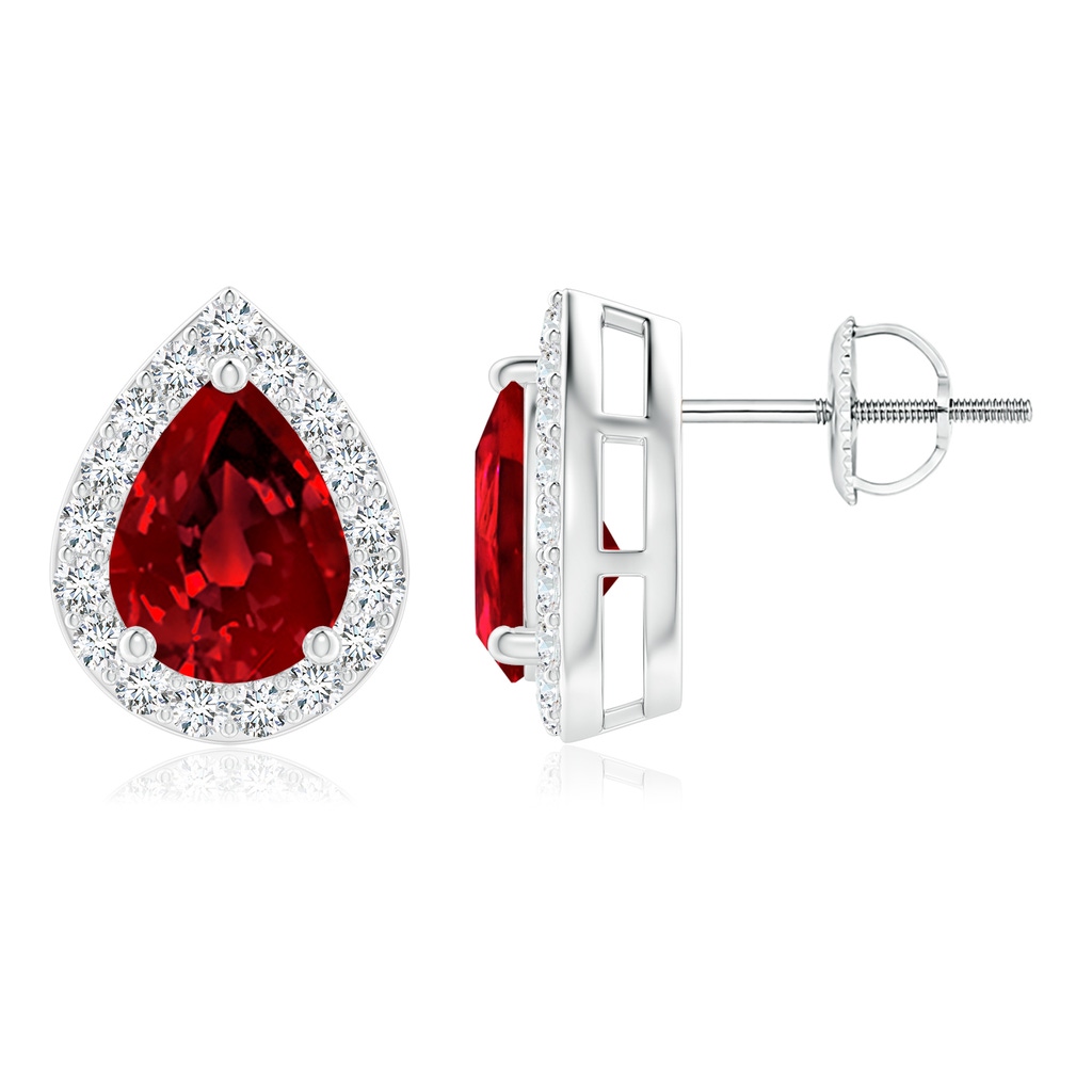 8x6mm Labgrown Lab-Grown Pear-Shaped Ruby Halo Stud Earrings in White Gold