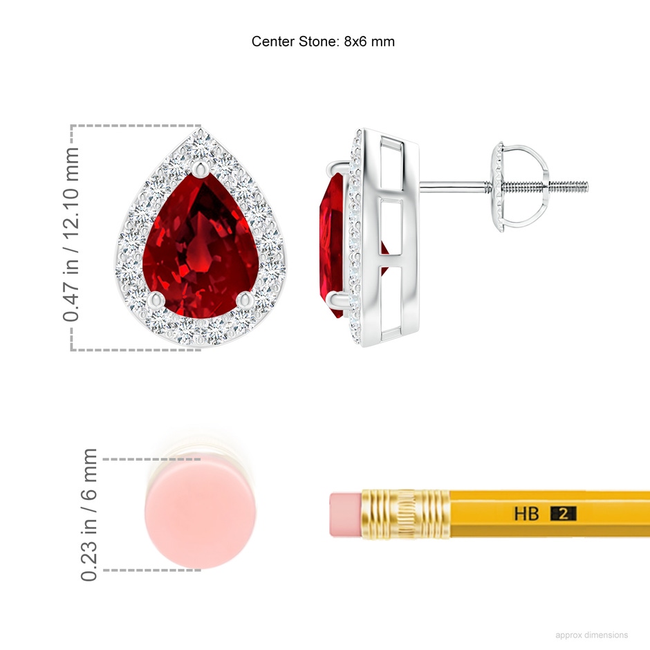 8x6mm Labgrown Lab-Grown Pear-Shaped Ruby Halo Stud Earrings in White Gold ruler