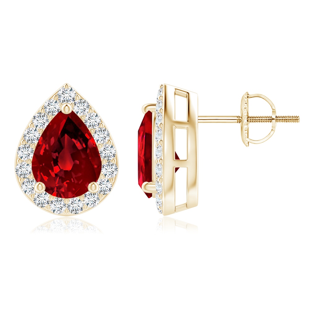 8x6mm Labgrown Lab-Grown Pear-Shaped Ruby Halo Stud Earrings in Yellow Gold