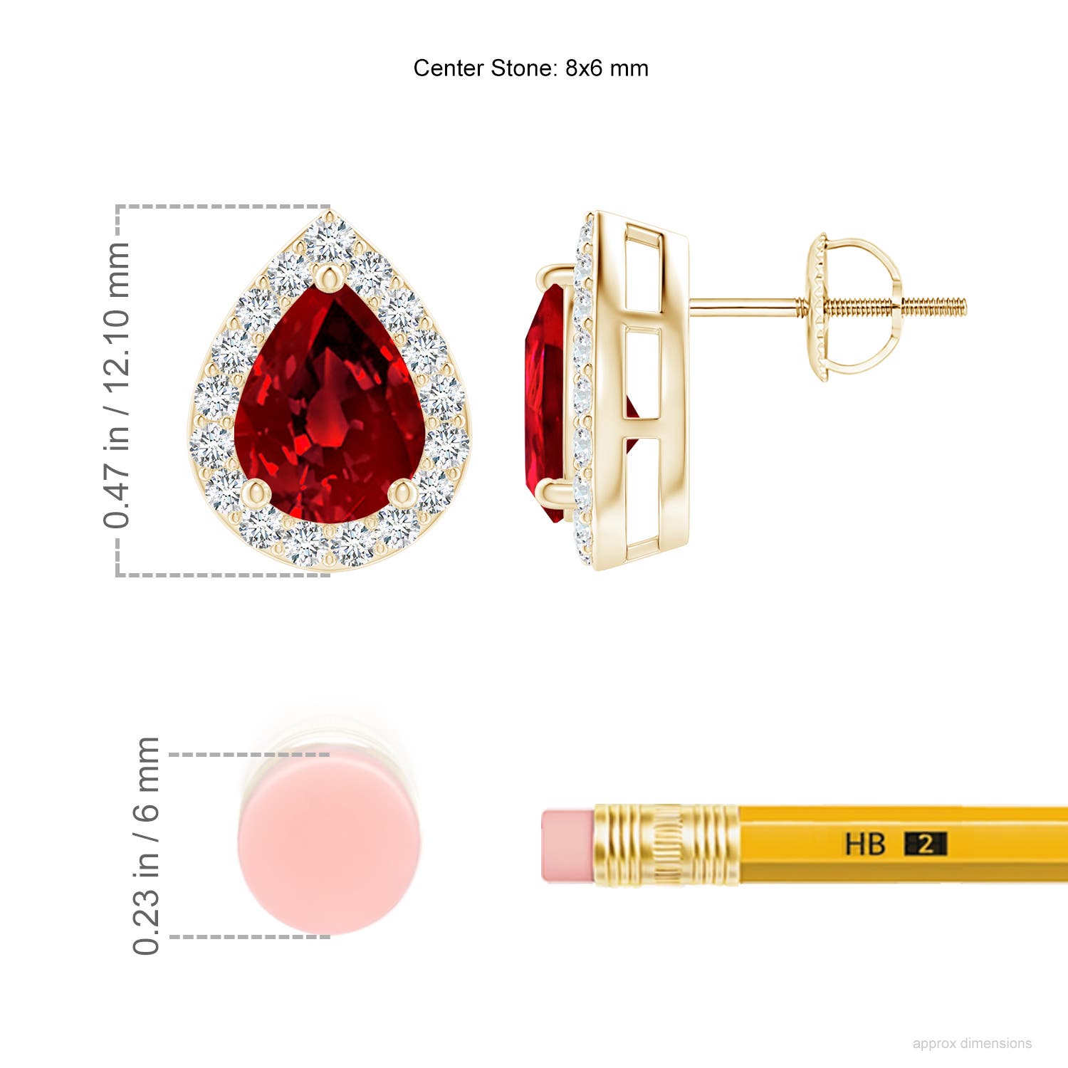 8x6mm Labgrown Lab-Grown Pear-Shaped Ruby Halo Stud Earrings in Yellow Gold - ruler