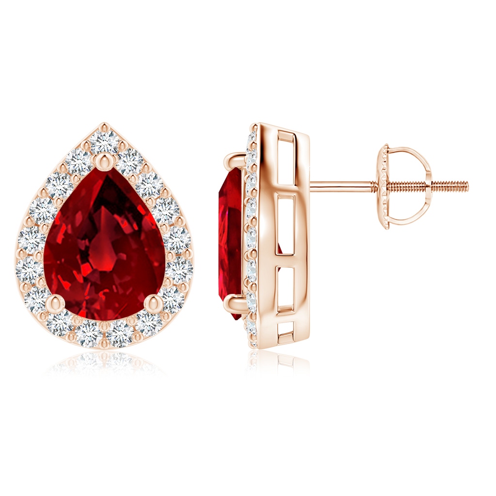 9x7mm Labgrown Lab-Grown Pear-Shaped Ruby Halo Stud Earrings in 18K Rose Gold