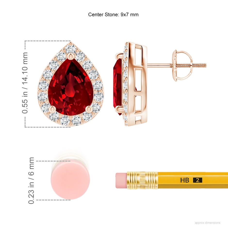 9x7mm Labgrown Lab-Grown Pear-Shaped Ruby Halo Stud Earrings in 18K Rose Gold ruler