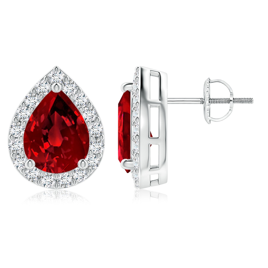 9x7mm Labgrown Lab-Grown Pear-Shaped Ruby Halo Stud Earrings in White Gold 
