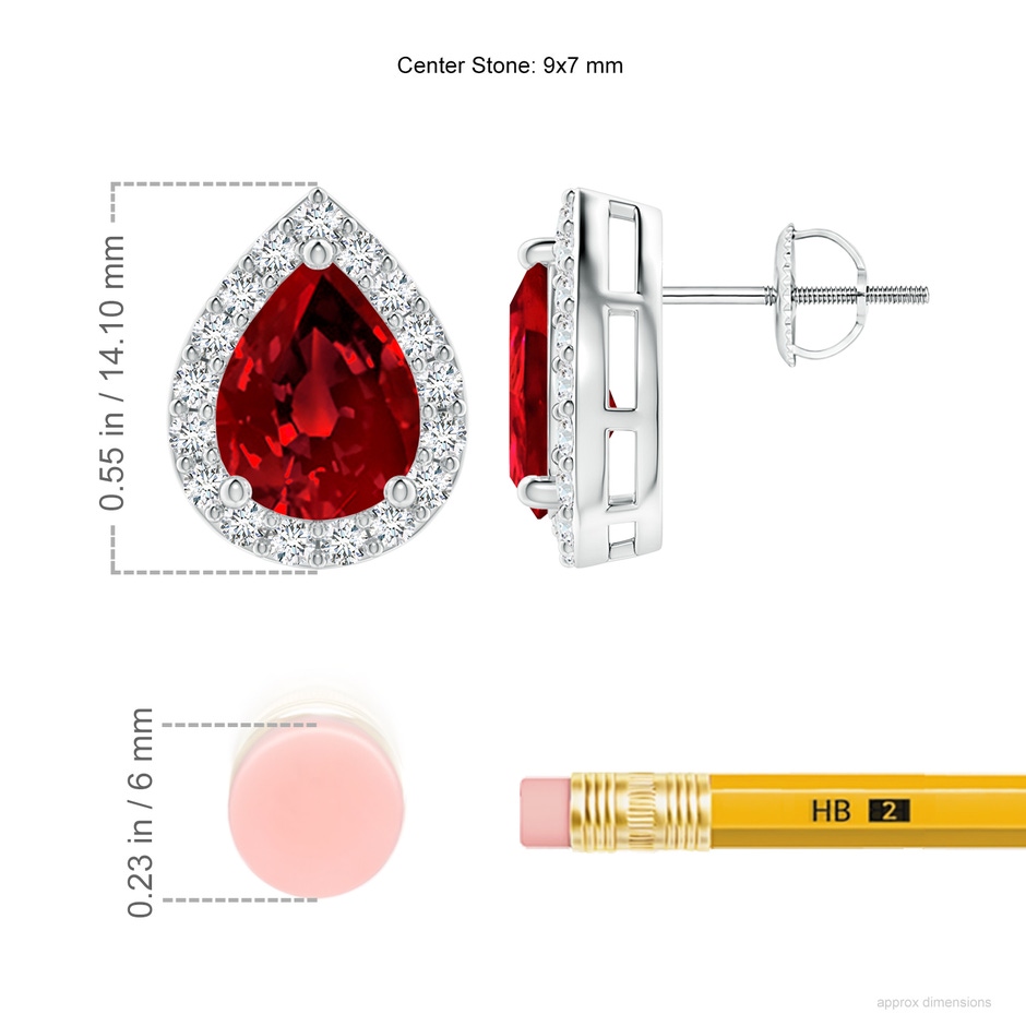 9x7mm Labgrown Lab-Grown Pear-Shaped Ruby Halo Stud Earrings in White Gold ruler