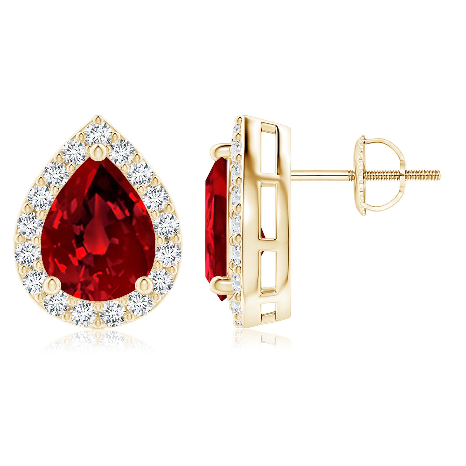 9x7mm Labgrown Lab-Grown Pear-Shaped Ruby Halo Stud Earrings in Yellow Gold