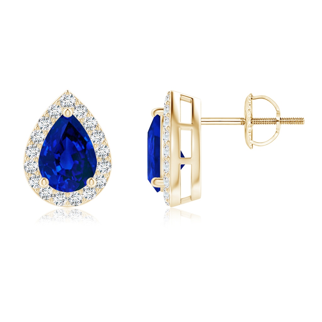 7x5mm Labgrown Lab-Grown Pear-Shaped Blue Sapphire Halo Stud Earrings in Yellow Gold