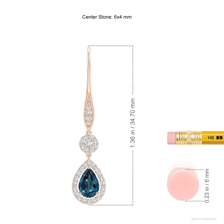 6x4mm Labgrown Pear Lab-Grown Alexandrite and Round Diamond Halo Leverback Earrings in Rose Gold ruler
