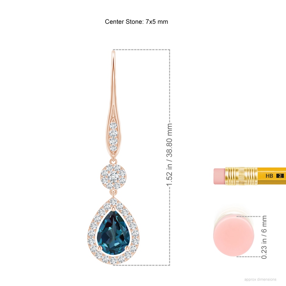 7x5mm Labgrown Pear Lab-Grown Alexandrite and Round Diamond Halo Leverback Earrings in 18K Rose Gold ruler