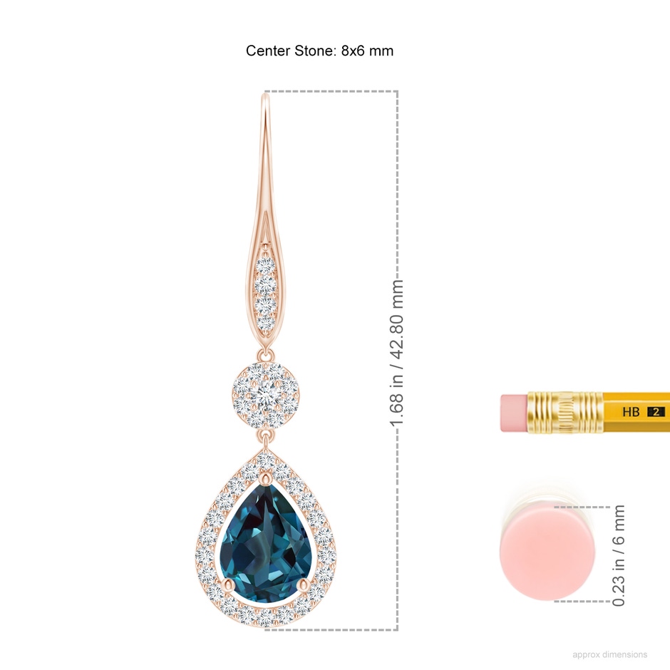 8x6mm Labgrown Pear Lab-Grown Alexandrite and Round Diamond Halo Leverback Earrings in Rose Gold ruler
