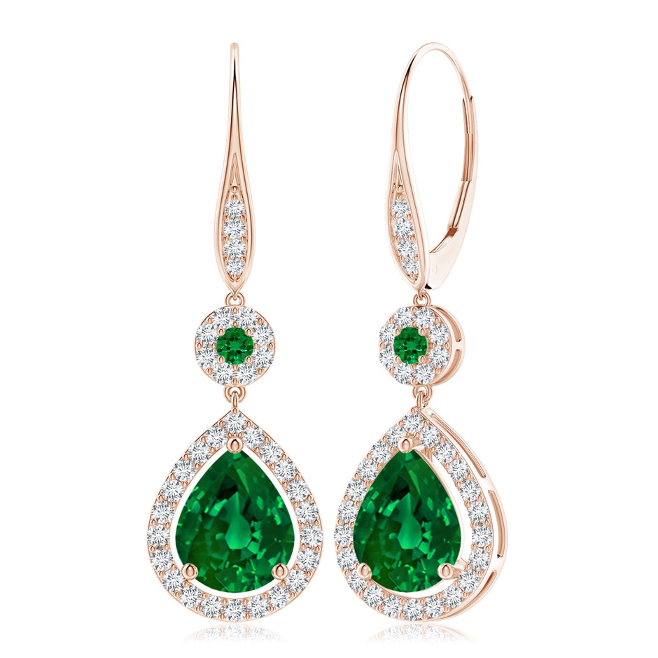 10x8mm Labgrown Lab-Grown Round and Pear Emerald Halo Leverback Earrings in 18K Rose Gold 