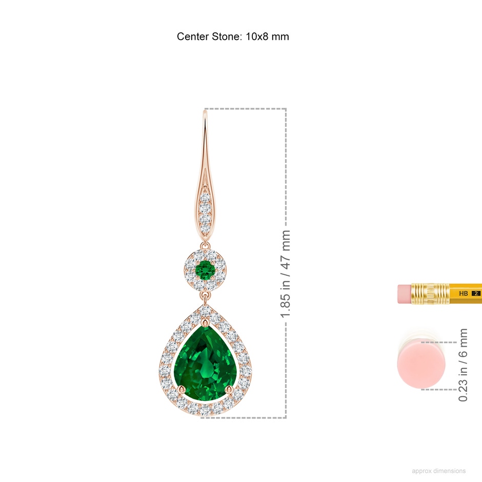 10x8mm Labgrown Lab-Grown Round and Pear Emerald Halo Leverback Earrings in 18K Rose Gold ruler