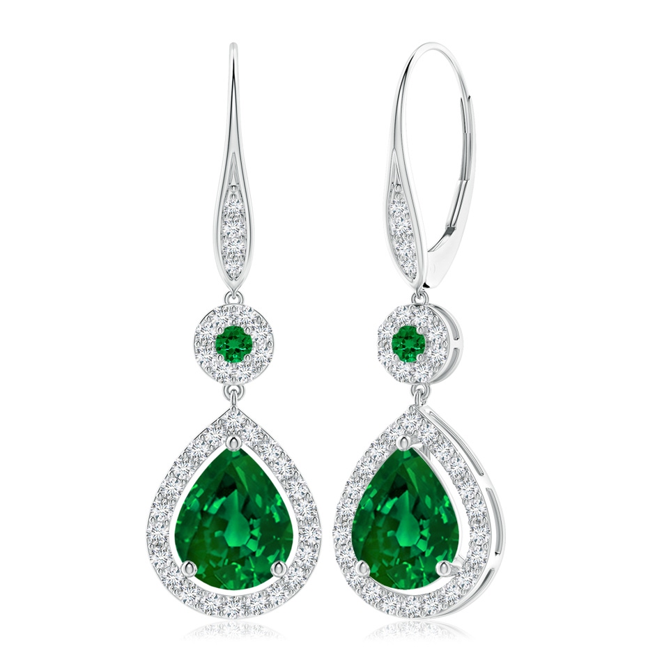10x8mm Labgrown Lab-Grown Round and Pear Emerald Halo Leverback Earrings in White Gold 