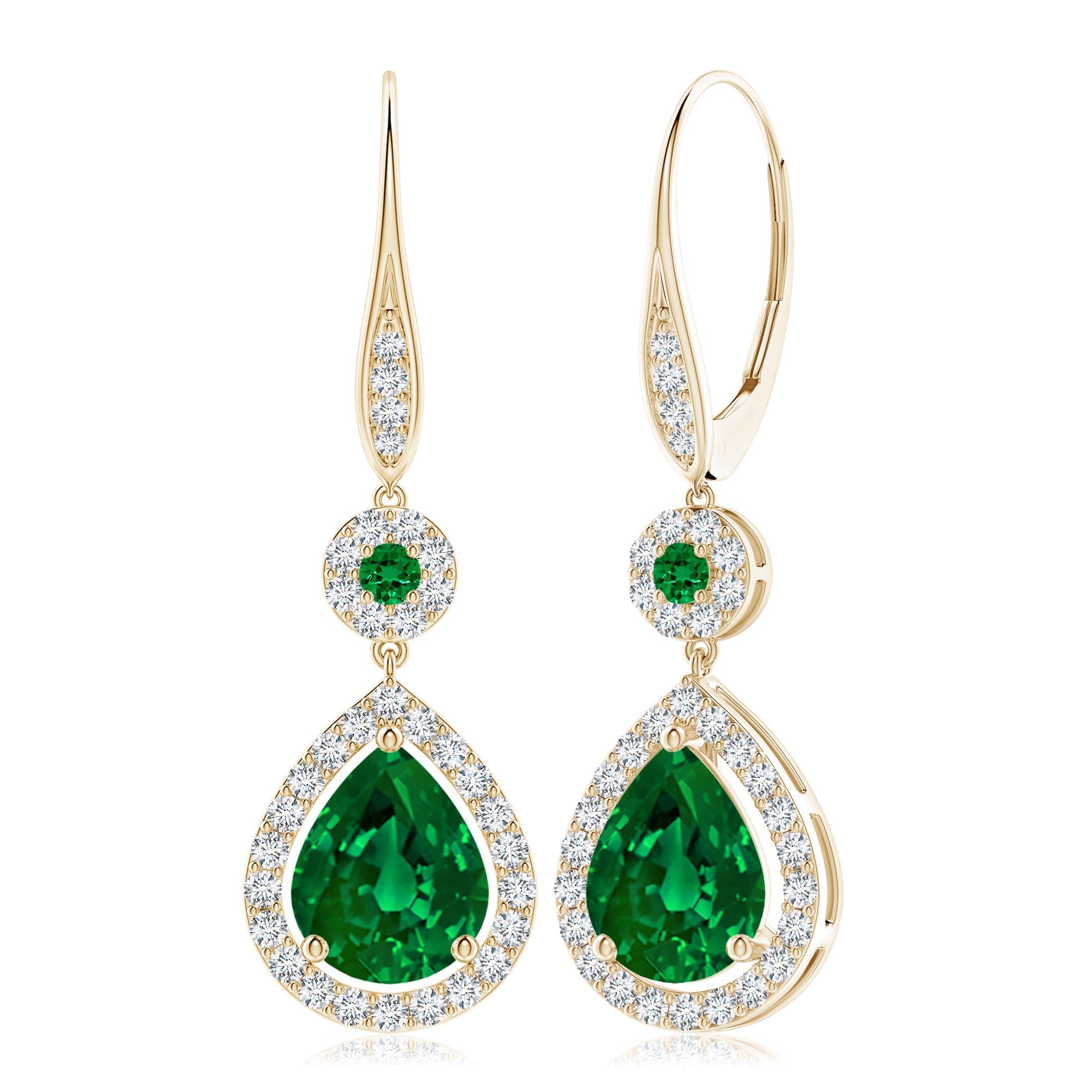 10x8mm Labgrown Lab-Grown Round and Pear Emerald Halo Leverback Earrings in Yellow Gold