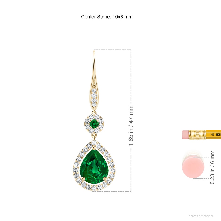 10x8mm Labgrown Lab-Grown Round and Pear Emerald Halo Leverback Earrings in Yellow Gold ruler