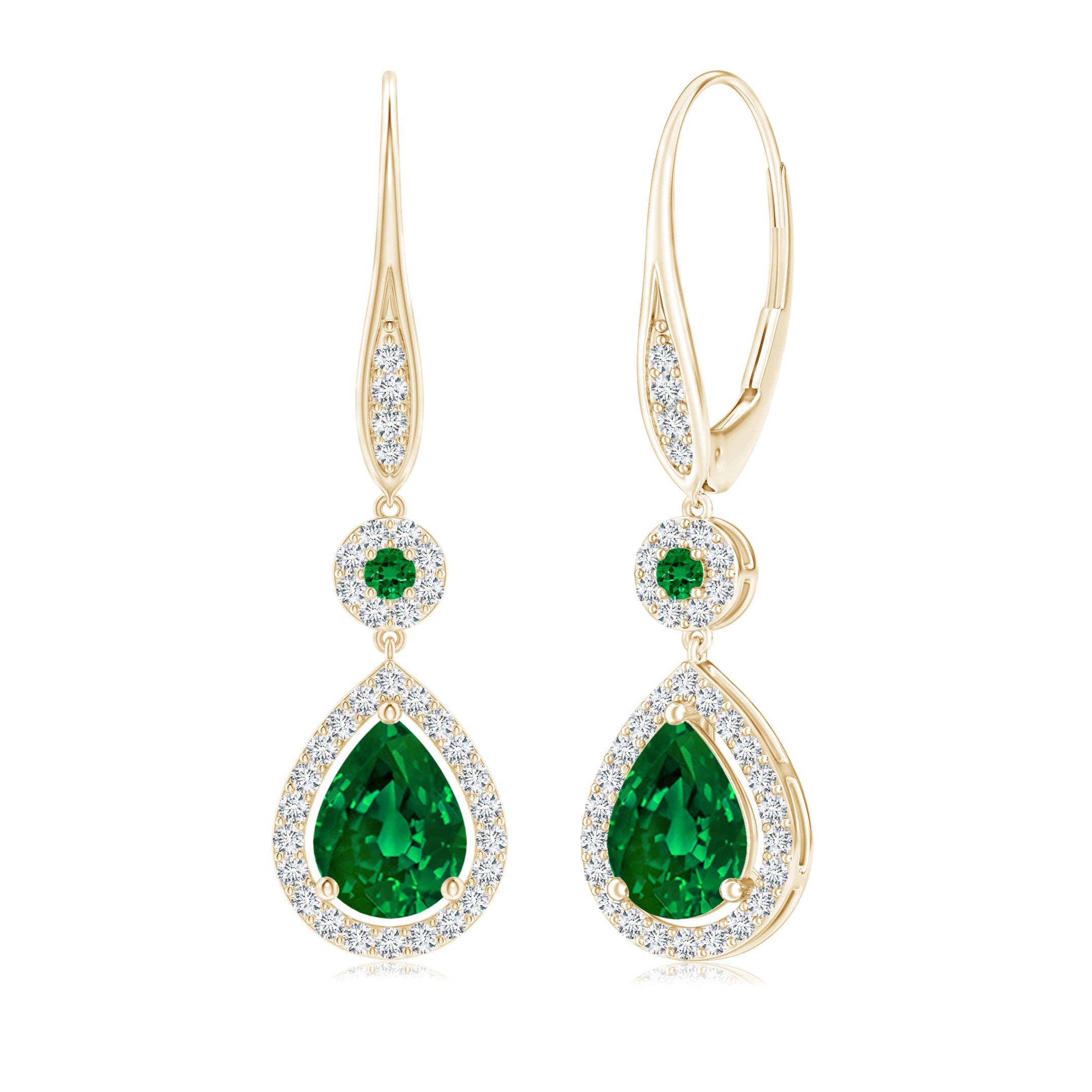8x6mm Labgrown Lab-Grown Round and Pear Emerald Halo Leverback Earrings in 18K Yellow Gold