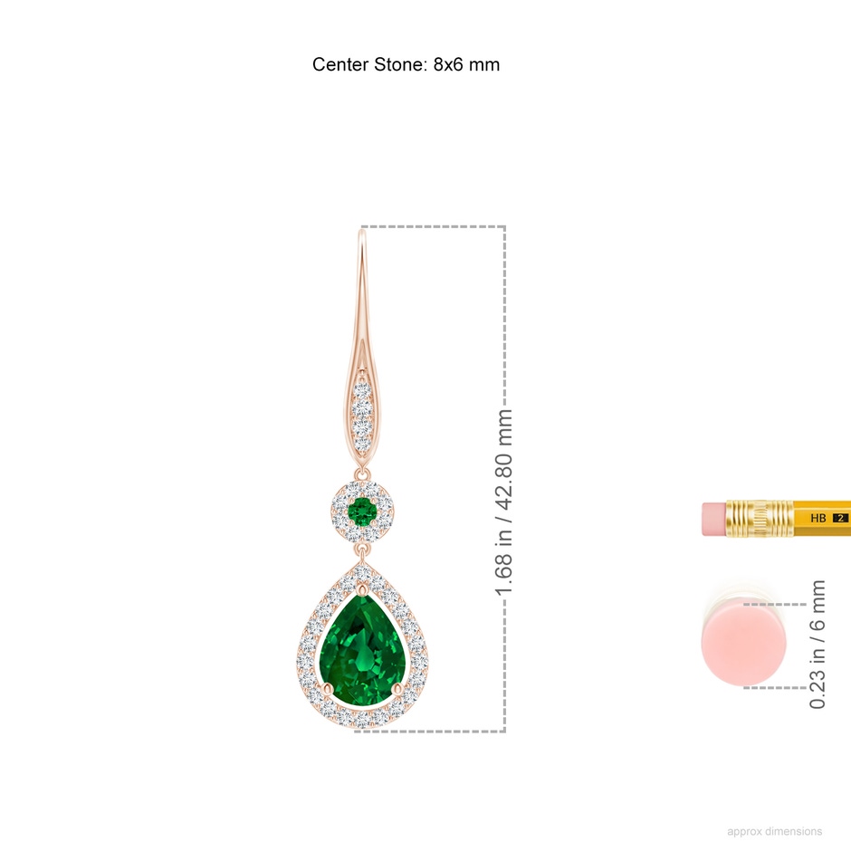 8x6mm Labgrown Lab-Grown Round and Pear Emerald Halo Leverback Earrings in Rose Gold ruler