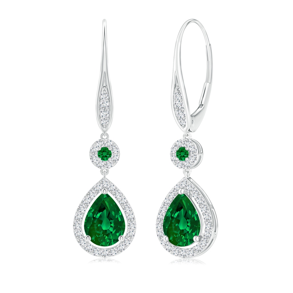 8x6mm Labgrown Lab-Grown Round and Pear Emerald Halo Leverback Earrings in White Gold