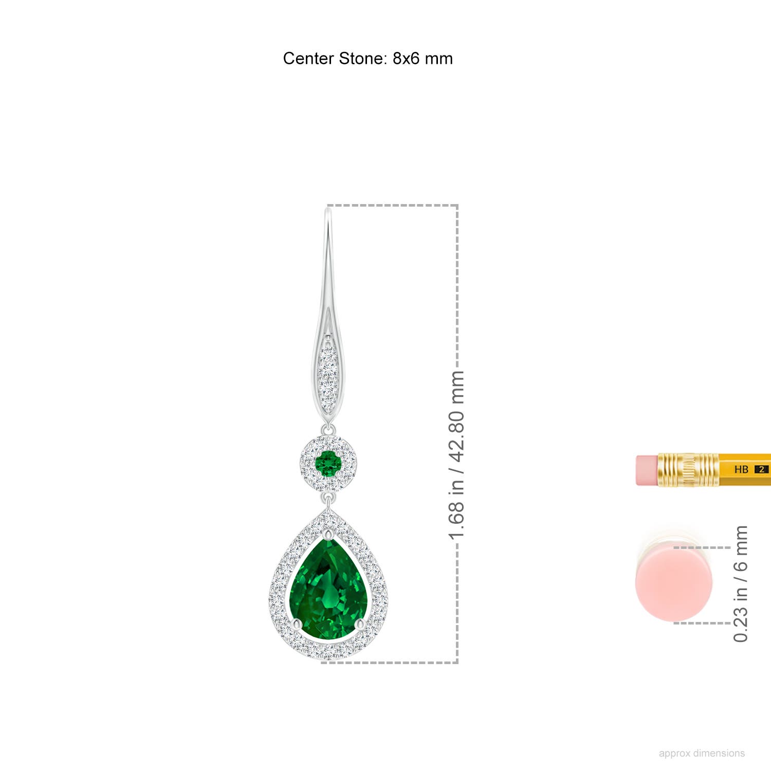 8x6mm Labgrown Lab-Grown Round and Pear Emerald Halo Leverback Earrings in White Gold - ruler