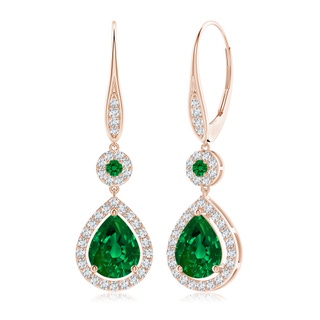 9x7mm Labgrown Lab-Grown Round and Pear Emerald Halo Leverback Earrings in 18K Rose Gold