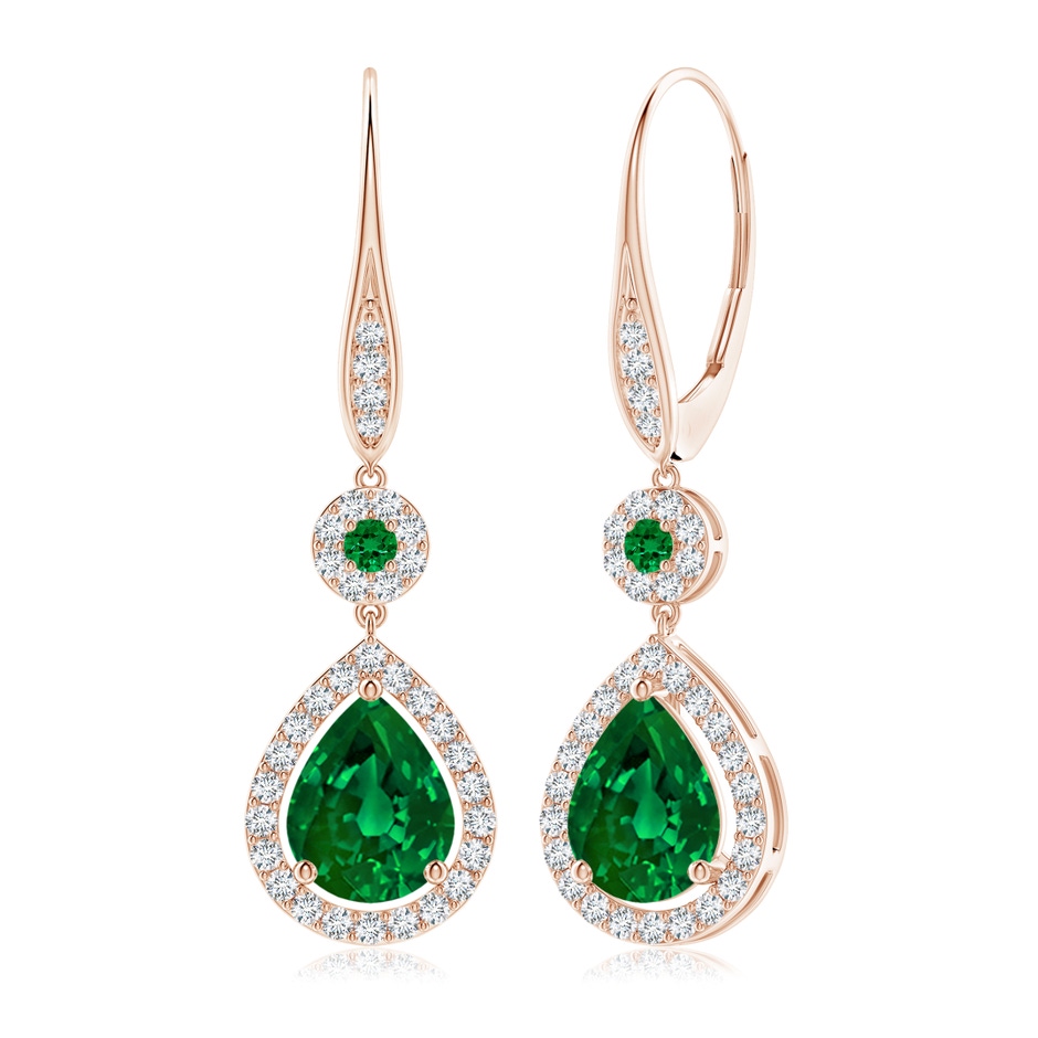 9x7mm Labgrown Lab-Grown Round and Pear Emerald Halo Leverback Earrings in 18K Rose Gold 
