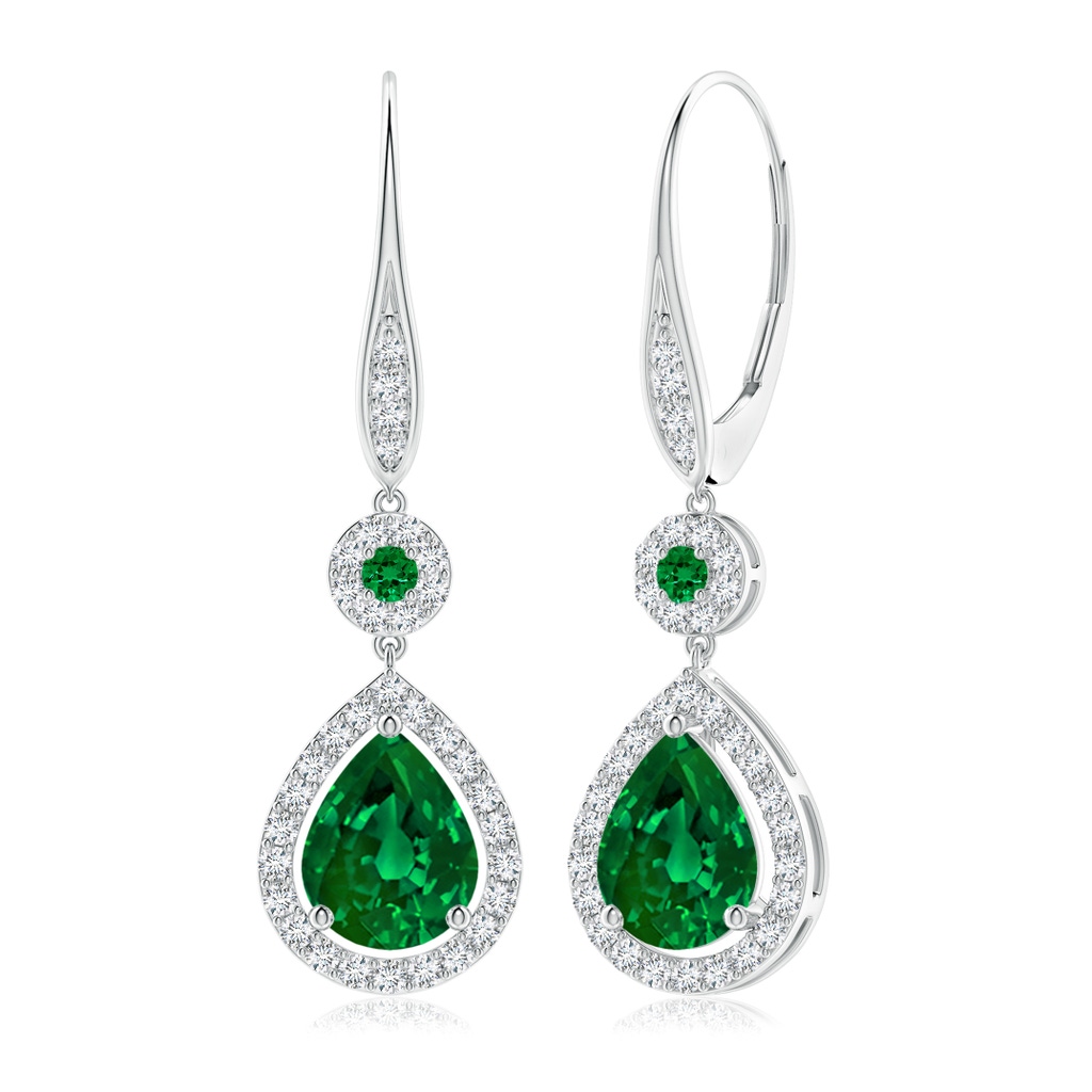 9x7mm Labgrown Lab-Grown Round and Pear Emerald Halo Leverback Earrings in White Gold