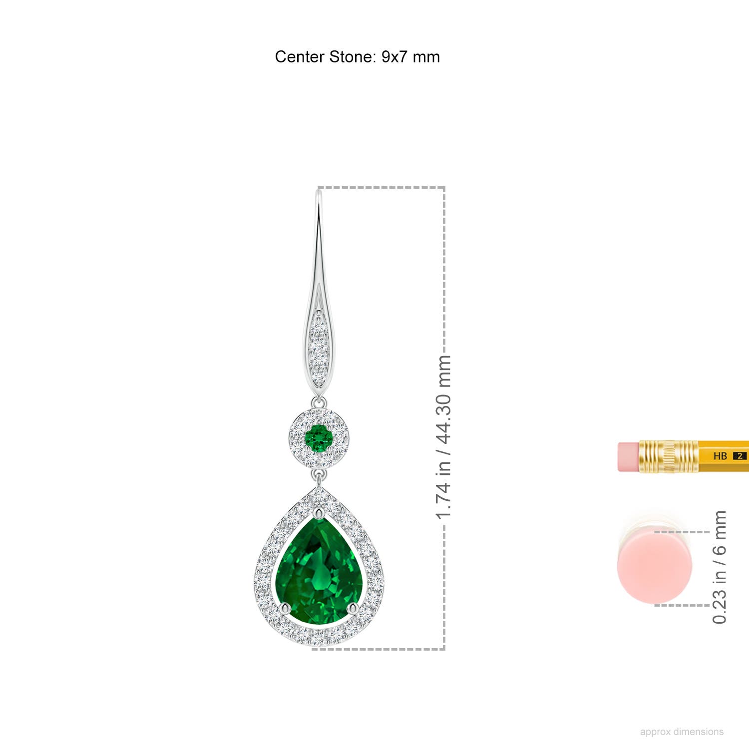 9x7mm Labgrown Lab-Grown Round and Pear Emerald Halo Leverback Earrings in White Gold - ruler