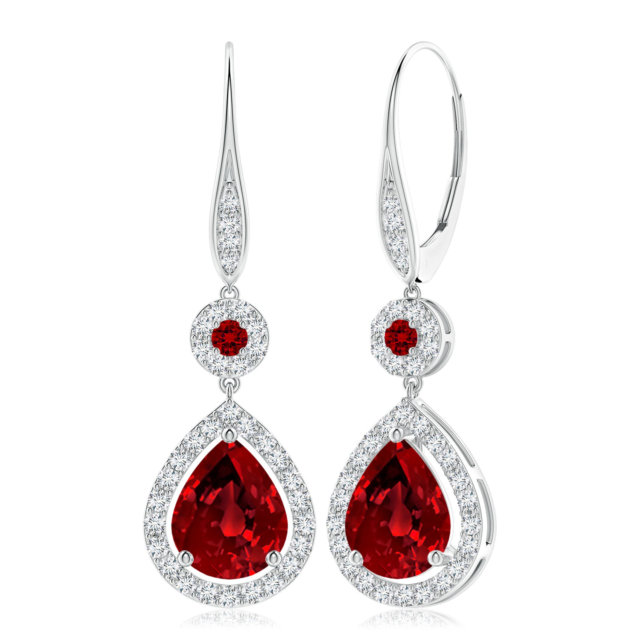 10x8mm Labgrown Lab-Grown Round and Pear Ruby Halo Leverback Earrings in White Gold