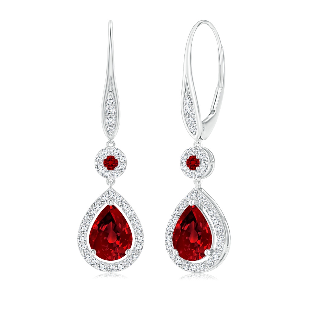 8x6mm Labgrown Lab-Grown Round and Pear Ruby Halo Leverback Earrings in 18K White Gold