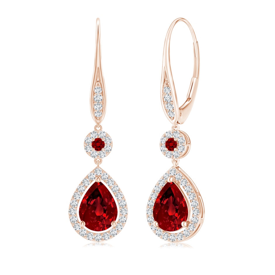 8x6mm Labgrown Lab-Grown Round and Pear Ruby Halo Leverback Earrings in Rose Gold 